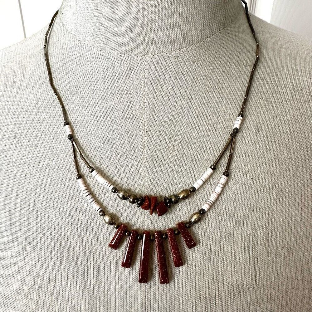 Goldstone shell silver tone double strand necklace